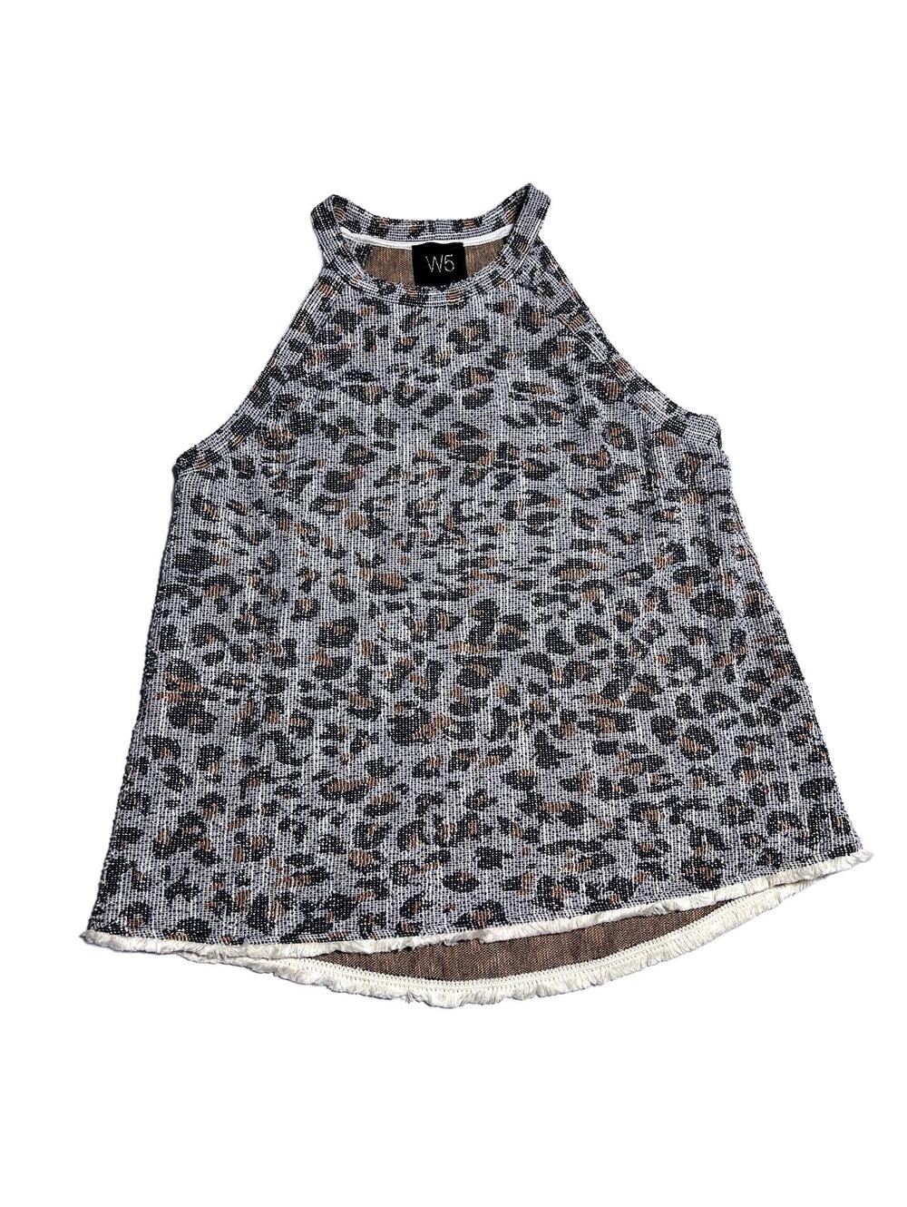 Anthropologie W5 Medium Halter Top Leopard Print Raw Fringe Hem Blue Gray